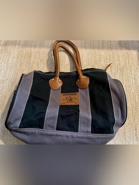 True Religion World Tour Canvas Leather Tote Duffel Bag Gray & Blue Vintage